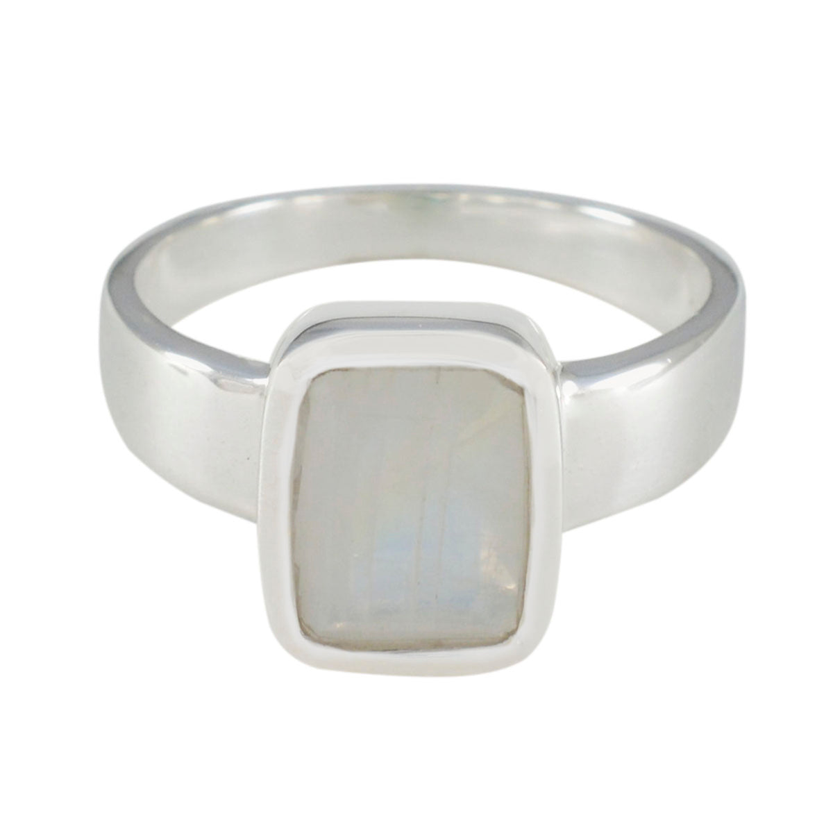Julia Modern White Solitaire Ring with Rectangular Stone Rainbow Moonstone White