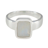 Julia Modern White Solitaire Ring with Rectangular Stone Rainbow Moonstone White