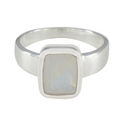Julia Modern White Solitaire Ring with Rectangular Stone Rainbow Moonstone White