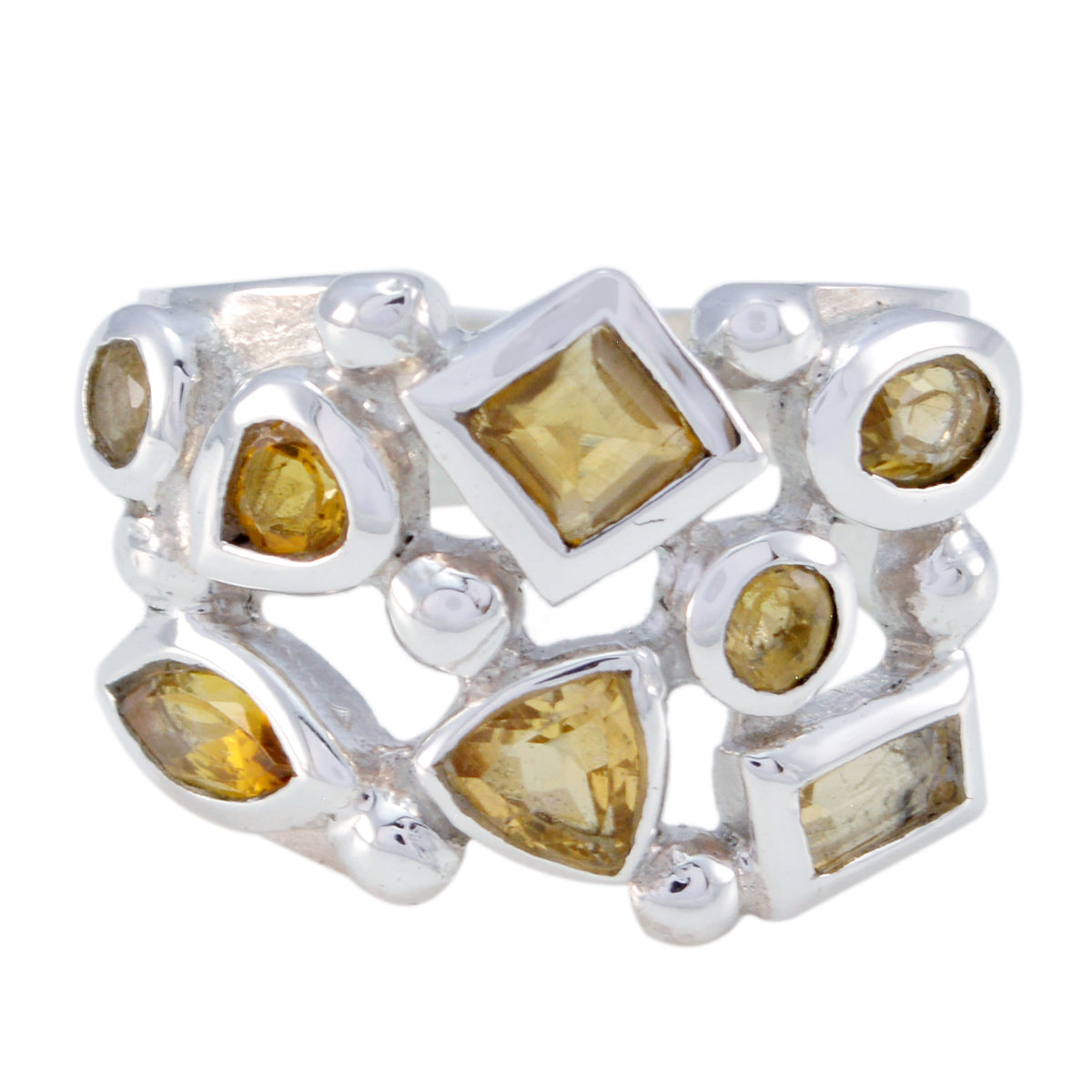 Gabriela modern yellow gemstone ring in sterling silver with multiple geometric yellow stones
