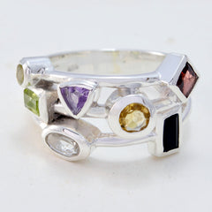 Savannah multicolor cocktail ring with various gemstone shapes set in silver band