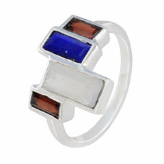 Bella sterling silver geometric multicolor cocktail ring for women with blue white and brown rectangular stones