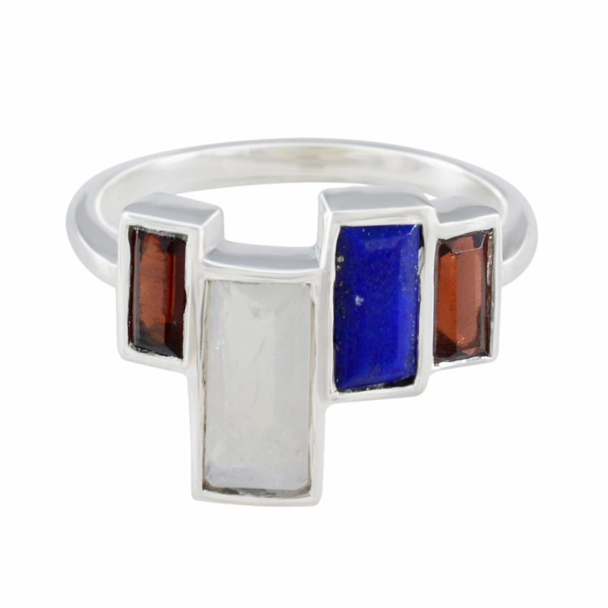 Bella sterling silver ring with rectangular white blue and red stones multicolor cocktail ring for women