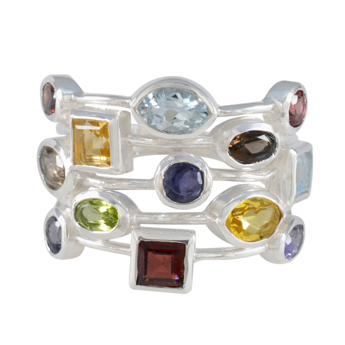 Hanna multicolor cocktail ring with various shaped gemstones set in silver band