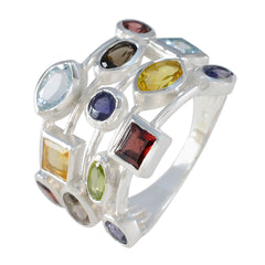 Hanna multicolor cocktail ring with various oval and square gemstones set in silver band