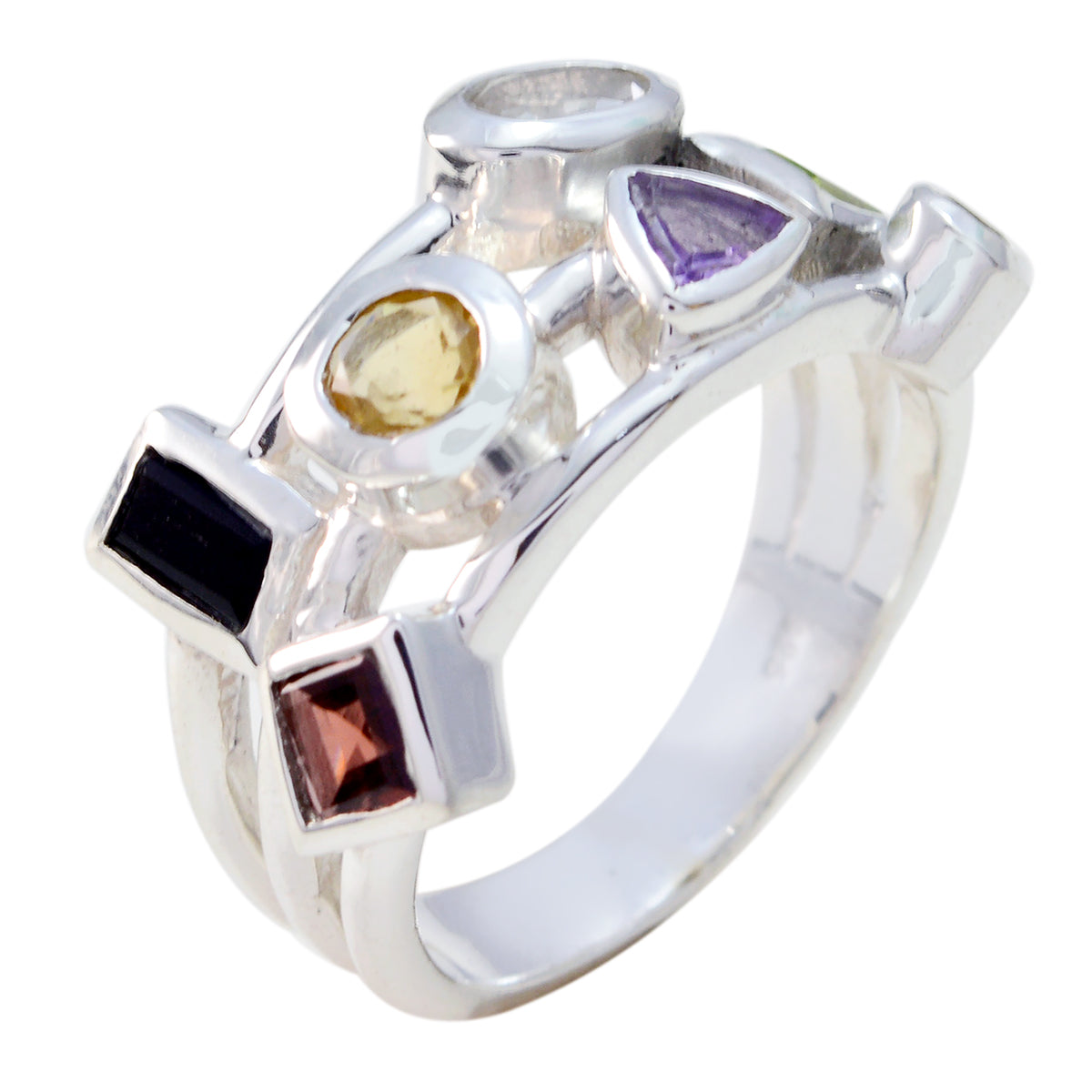 Savannah multicolor cocktail ring with various shaped gemstones set in silver band
