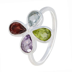 Chen multicolor floral gemstone ring in sterling silver with pear cut peridot amethyst garnet and aquamarine