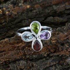 Chen sterling silver multicolor floral gemstone ring with peridot aquamarine amethyst and garnet petal stones on bark