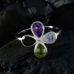 Kristine silver multicolor floral gemstone ring featuring amethyst peridot moonstone and black onyx petals