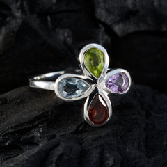 Chen multicolor floral gemstone ring with four teardrop stones green blue purple and red on silver band