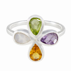 Nora multicolor floral gemstone ring with pear cut peridot amethyst citrine and moonstone set in sterling silver band