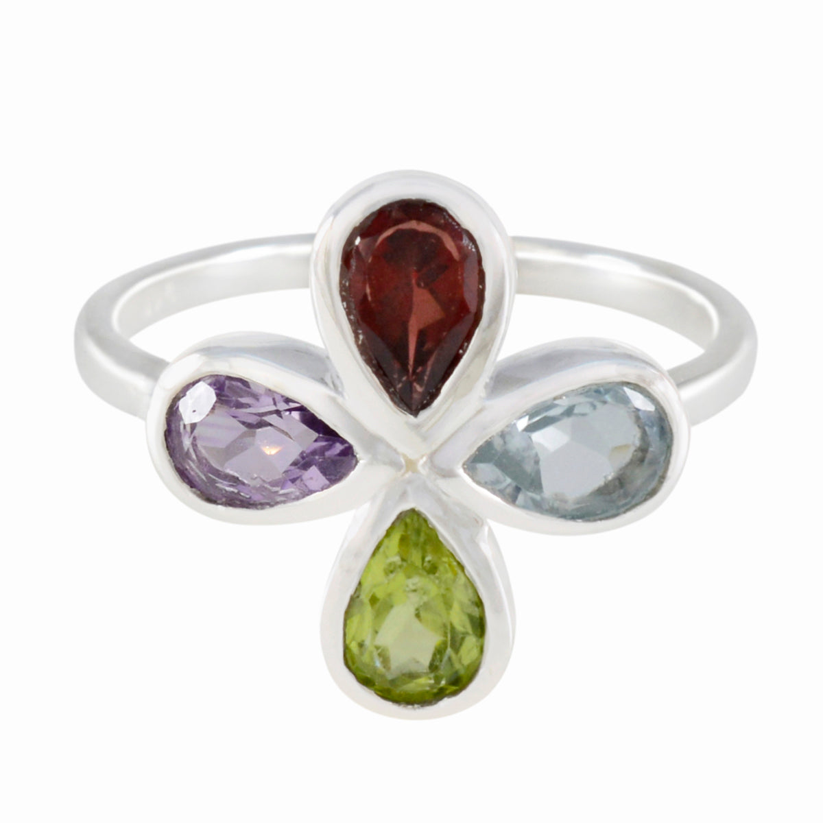 Chen silver multicolor floral gemstone ring with pear shaped garnet amethyst aquamarine and peridot