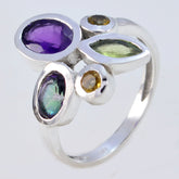 Saanvi multicolor gemstone cocktail ring with purple, green, and yellow stones set in silver band