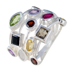 Giulia multicolor gemstone cocktail ring with various shaped colorful stones set in silver
