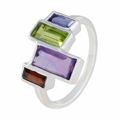Autumn sterling silver ring with four rectangular stones in purple green blue and red multicolor gemstone cocktail ring