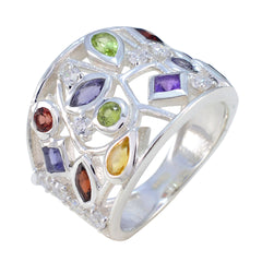 Freya multicolor gemstone cocktail ring with silver band and various colorful stones