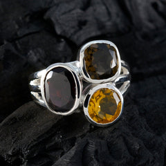 Ava multicolor gemstone cocktail ring with three large faceted stones set in silver band