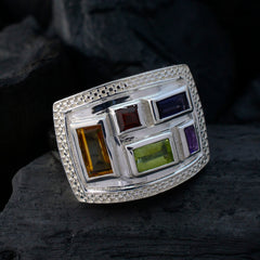 Dewi multicolor gemstone cocktail ring with rectangular colorful stones set in silver band