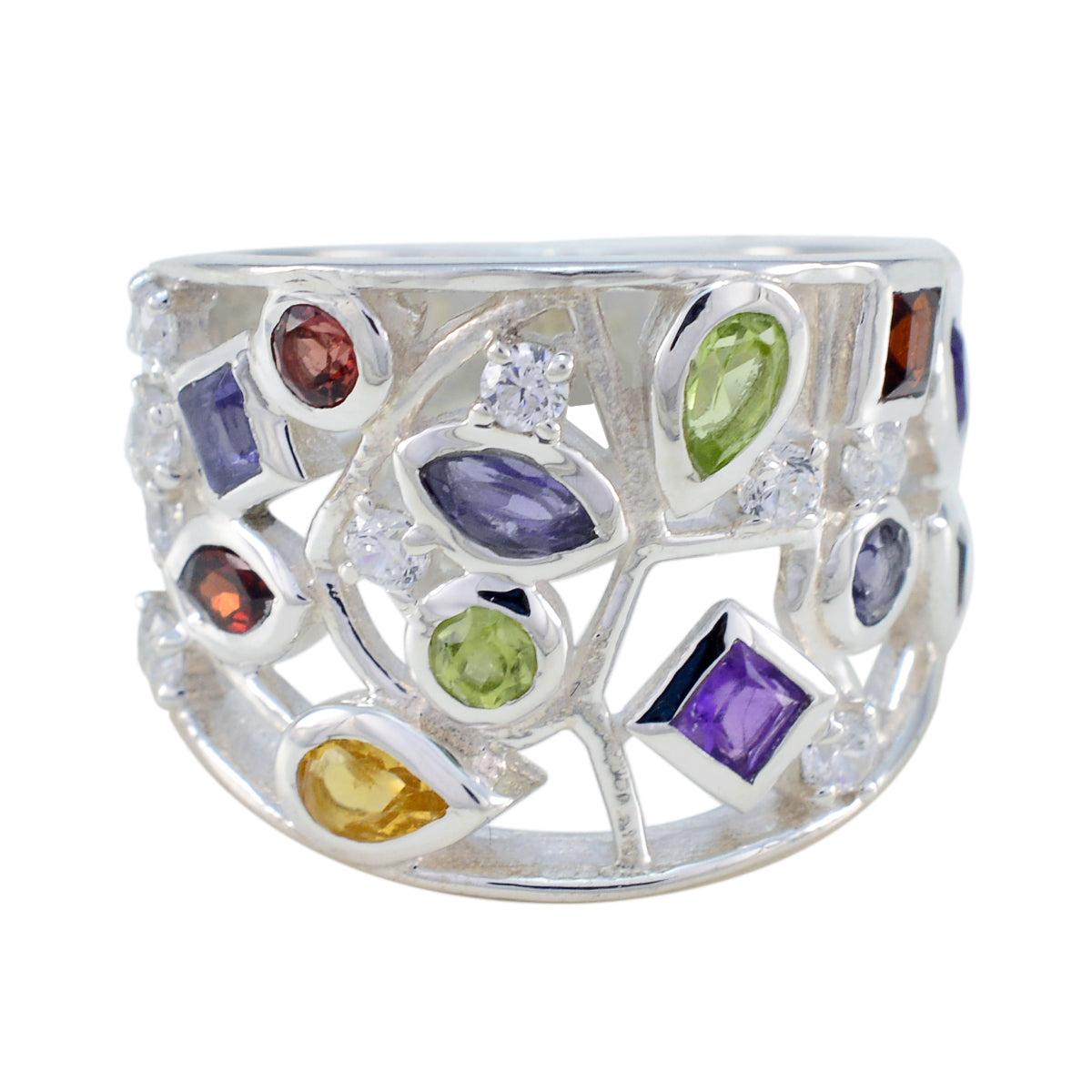 Freya multicolor gemstone cocktail ring with various colorful stones set in silver band