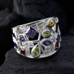 Freya multicolor gemstone cocktail ring with silver band and various colorful gemstones