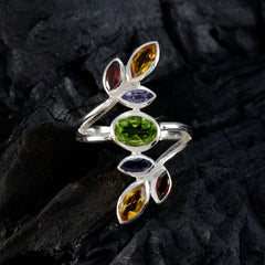 Aria silver open vine ring with central green oval stone and marquise accents multicolor gemstone cocktail ring