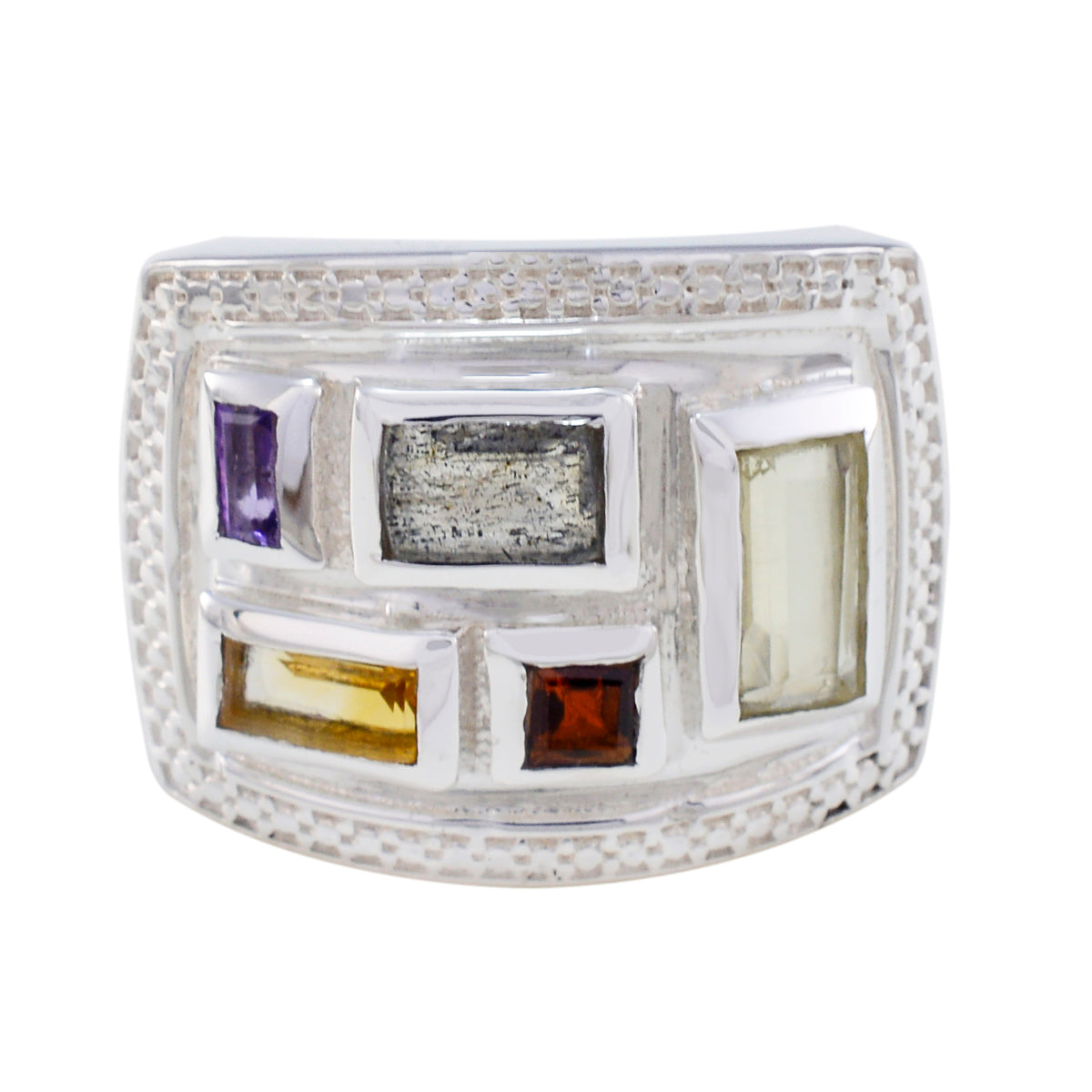 Ines multicolor gemstone cocktail ring with rectangular and square stones set in silver
