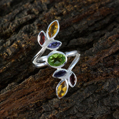 Aria multicolor gemstone cocktail ring silver band with green oval center and marquise yellow red and purple stones