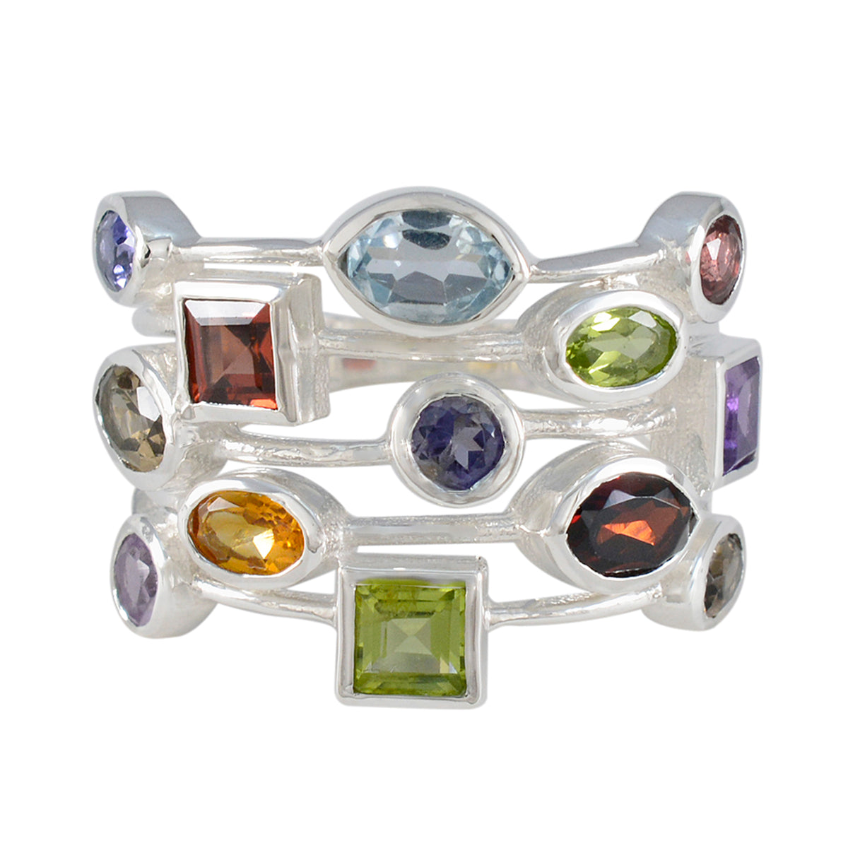 Ivana multicolor gemstone cocktail ring featuring various shaped colorful gemstones set in silver
