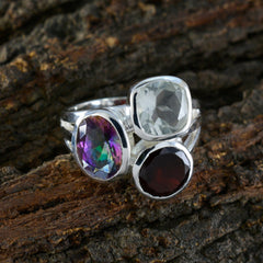 Bella multicolor gemstone cocktail ring with three large faceted stones on silver band