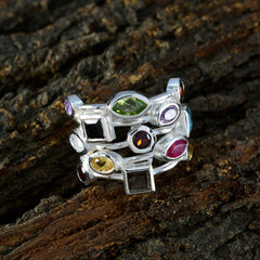 Giulia multicolor gemstone cocktail ring with various shaped colorful stones on silver band