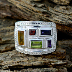 Dewi multicolor gemstone cocktail ring with rectangular stones set in textured silver band