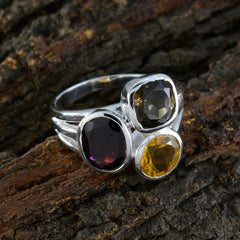 Ava multicolor gemstone cocktail ring with three distinct colored stones set in silver band