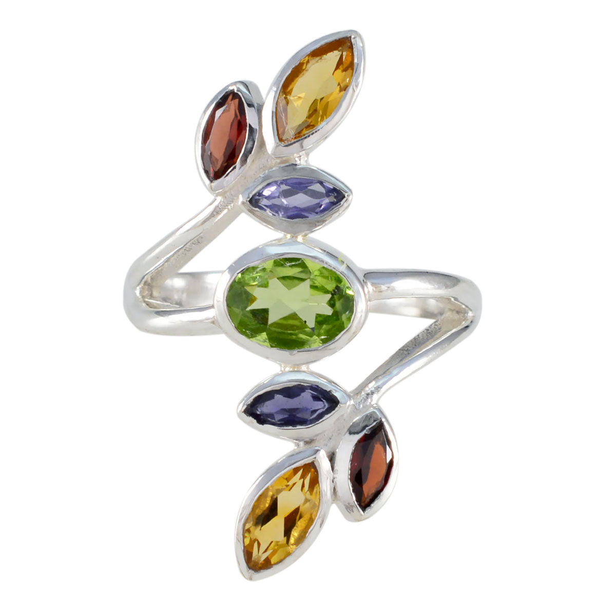 Aria silver open wrap ring with green center and marquise purple yellow red stones multicolor gemstone cocktail ring