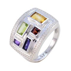 Dewi multicolor gemstone cocktail ring with rectangular and square gemstones set in silver band
