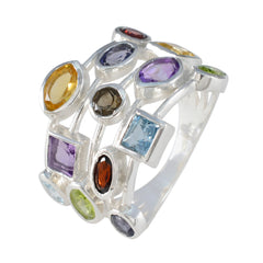 Joaquina multicolor gemstone cocktail ring with various shaped colorful gemstones set in silver