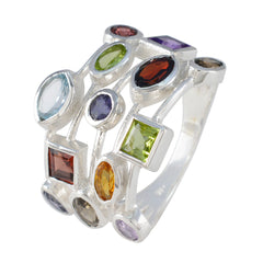 Ivana multicolor gemstone cocktail ring with various oval and square stones in silver setting