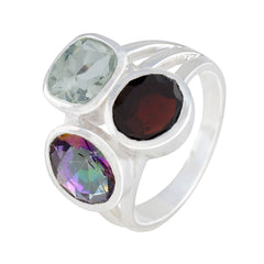 Bella multicolor gemstone cocktail ring with three distinct colorful stones set in silver band