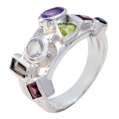 Meera multicolor gemstone cocktail ring with various shaped colorful stones set in silver band