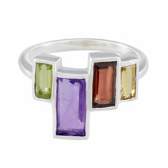 Ava multicolor gemstone cocktail ring with rectangular purple green orange and yellow gemstones set in silver band