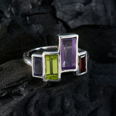 Autumn sterling silver ring with rectangular amethyst peridot garnet stones multicolor gemstone cocktail ring on dark background