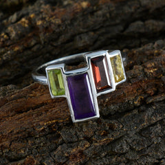 Ava multicolor gemstone cocktail ring in sterling silver with rectangular purple red yellow and green stones