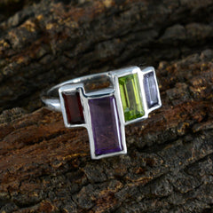 Autumn silver ring with rectangular purple green and red stones multicolor gemstone cocktail ring