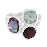 Bella multicolor gemstone cocktail ring with three differently shaped colorful stones set in silver band