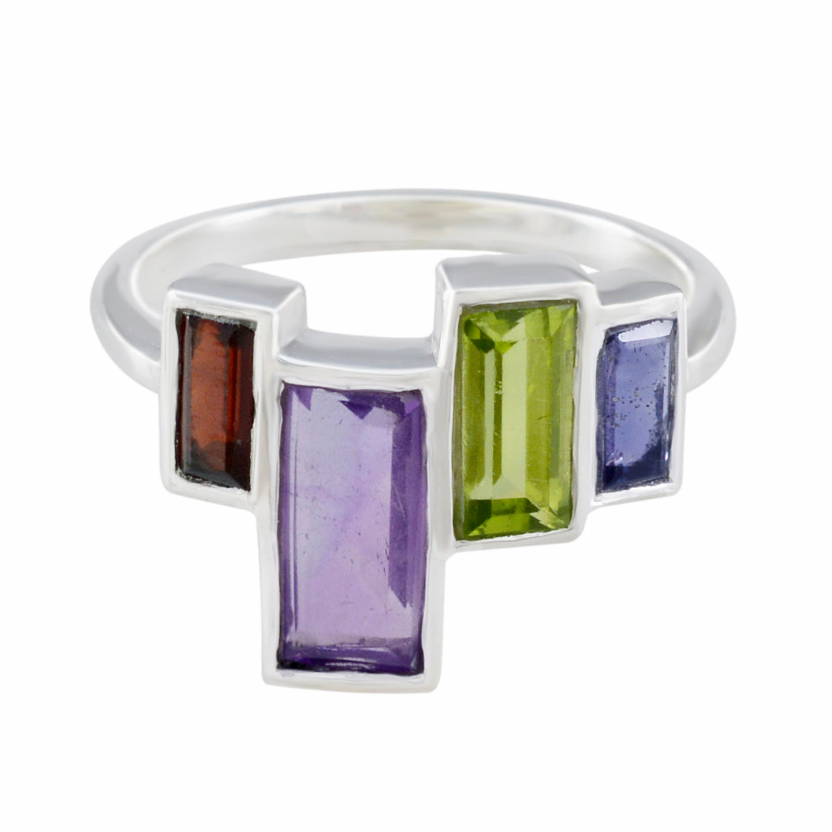 Autumn silver band multicolor gemstone cocktail ring with rectangular purple green blue and red faceted stones