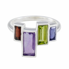 Autumn silver band multicolor gemstone cocktail ring with rectangular purple green blue and red faceted stones