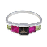 Aurora silver band ring with square smoky quartz center and pink and green square stones multicolor gemstone penta ring