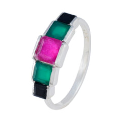 Haeun silver band multicolor gemstone ring with square pink center flanked by green and black stones