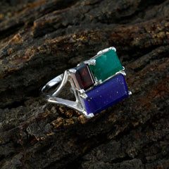 Lakshmi multicolor gemstone ring with rectangular green, purple, and red stones set in silver band