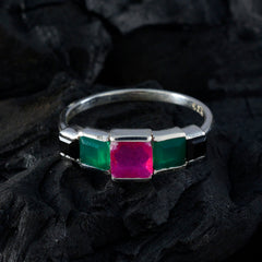Haeun multicolor gemstone ring sterling silver band with square pink center and green side stones