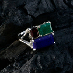 Lakshmi multicolor gemstone ring with red, green, and blue rectangular stones set in silver band